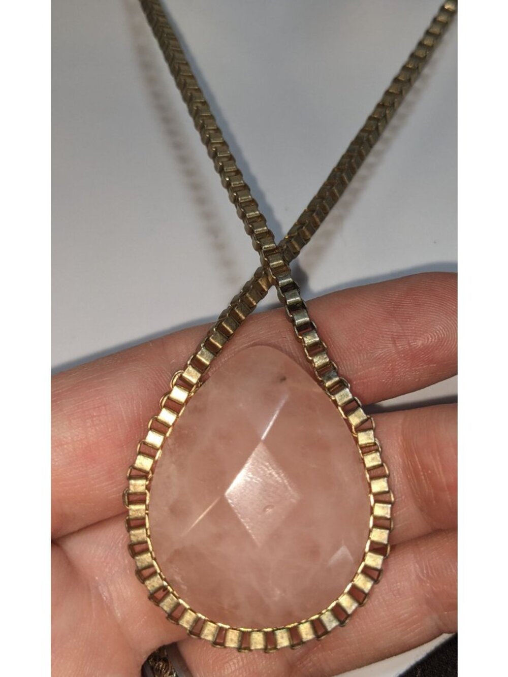 Coquette Romantic Rose Quartz Gold Teardrop Statement Pendant Necklace
